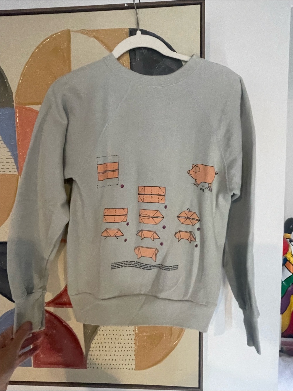 Vintage 80s Light Gray Crewneck Sweater with Unique Origami Pig Graphic